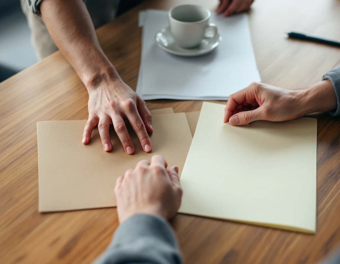 Hands collaborating over blank planning materials on wooden conference table during team meeting