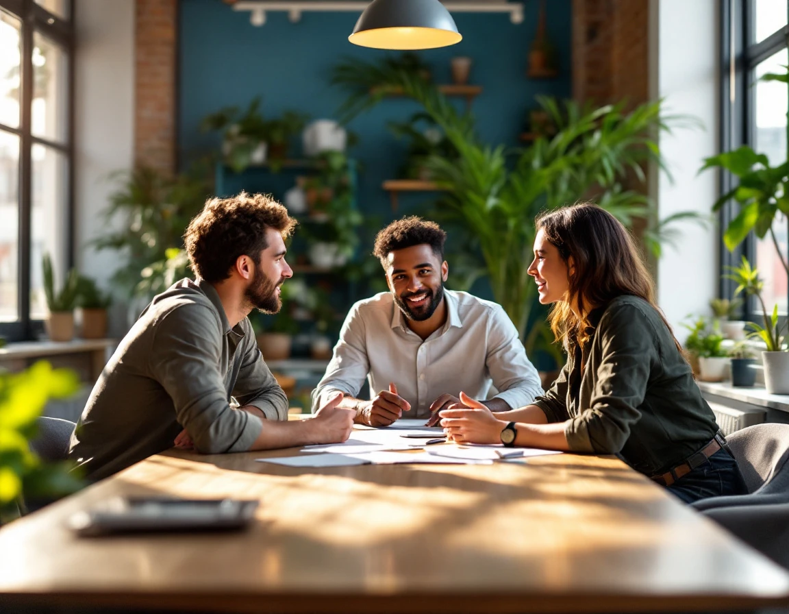 Frontline workers collaborating informally in a workplace break room during afternoon shift