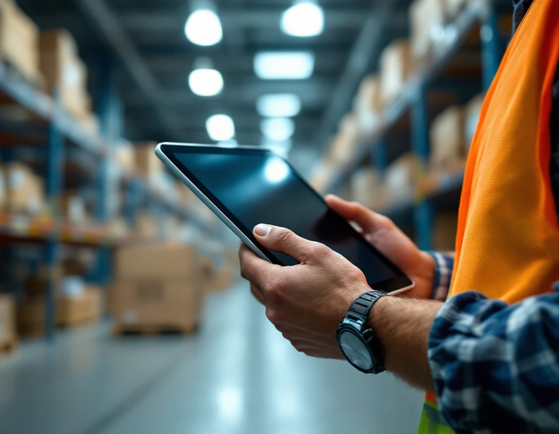 Warehouse worker holding tablet device in modern logistics facility with safety vest and natural lighting