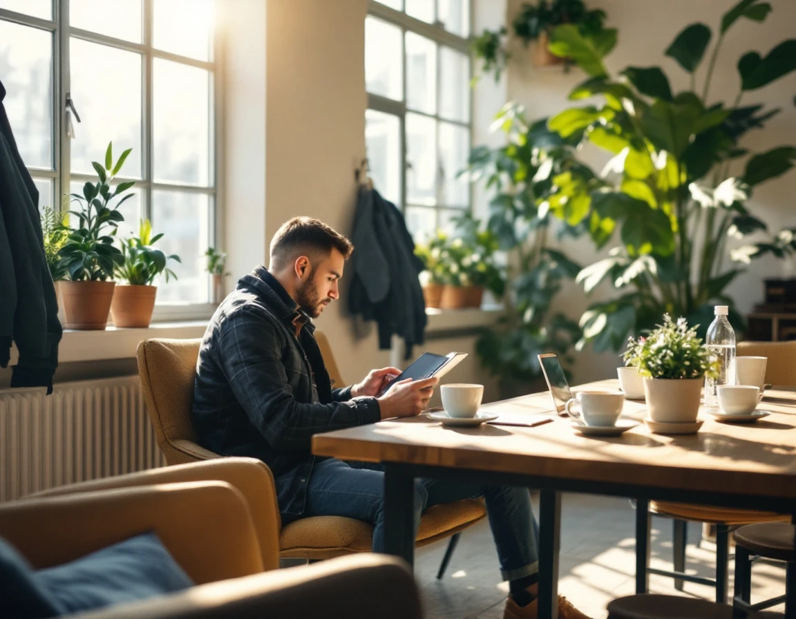 Bright office break room with natural light, casual seating, and tablets on wooden table for frontline workers