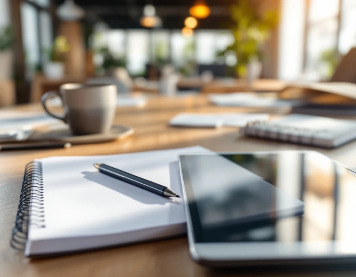 Professional desk workspace with blank notebook, tablet, and coffee cup for workforce scheduling planning