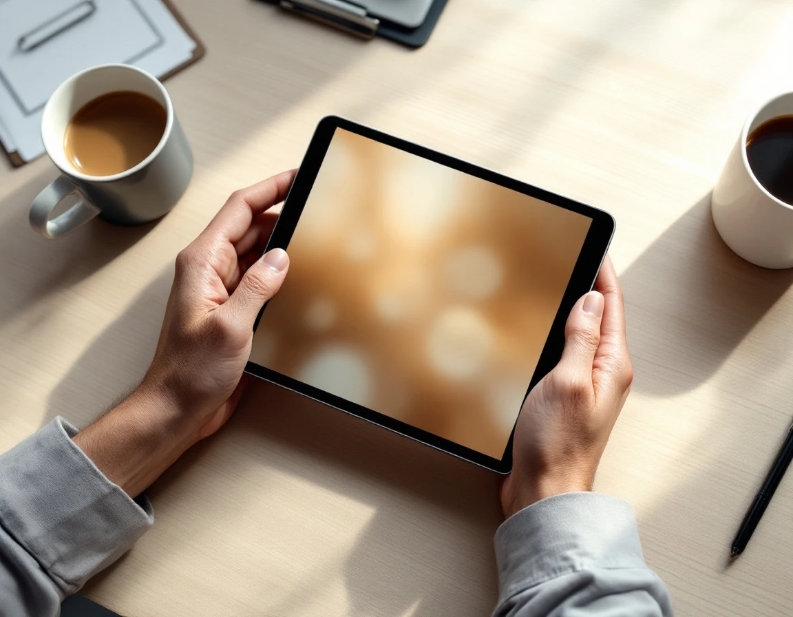 Manager reviewing workforce schedules on tablet device in modern office with natural lighting