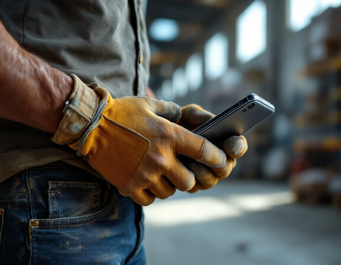 Construction manager holding smartphone in warehouse, hands showing signs of manual labor and frontline work