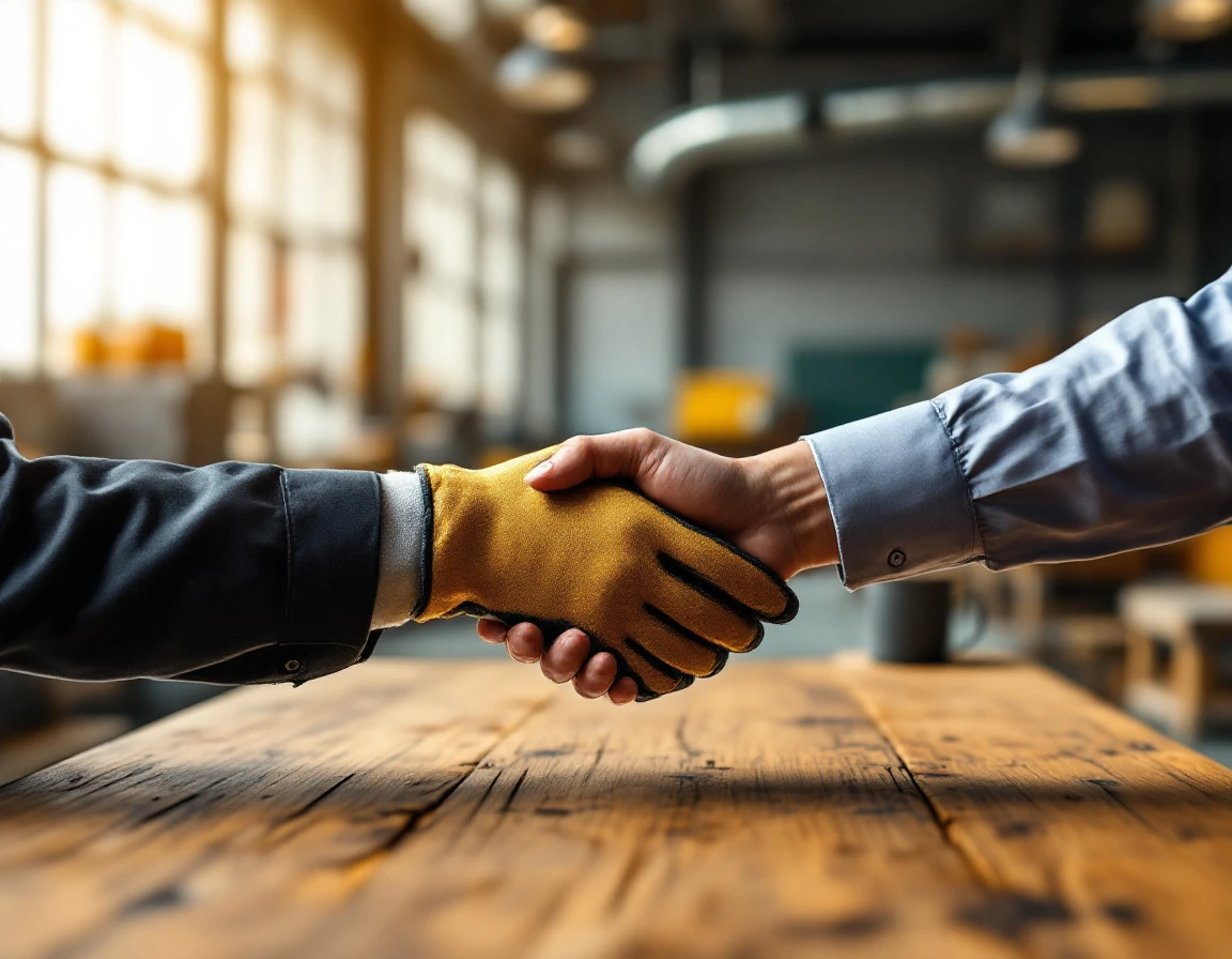 Two hands meeting across a table in a warehouse break room, representing manager-employee connection