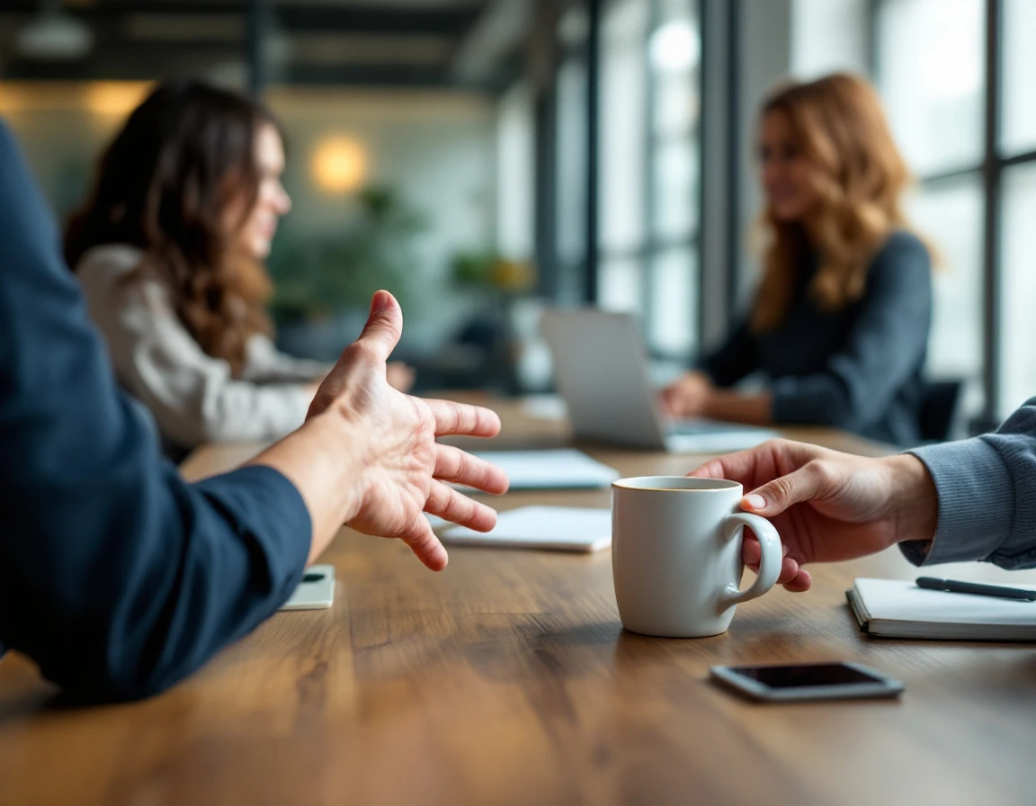 Close-up of hands in conversation across a table during an informal workplace meeting