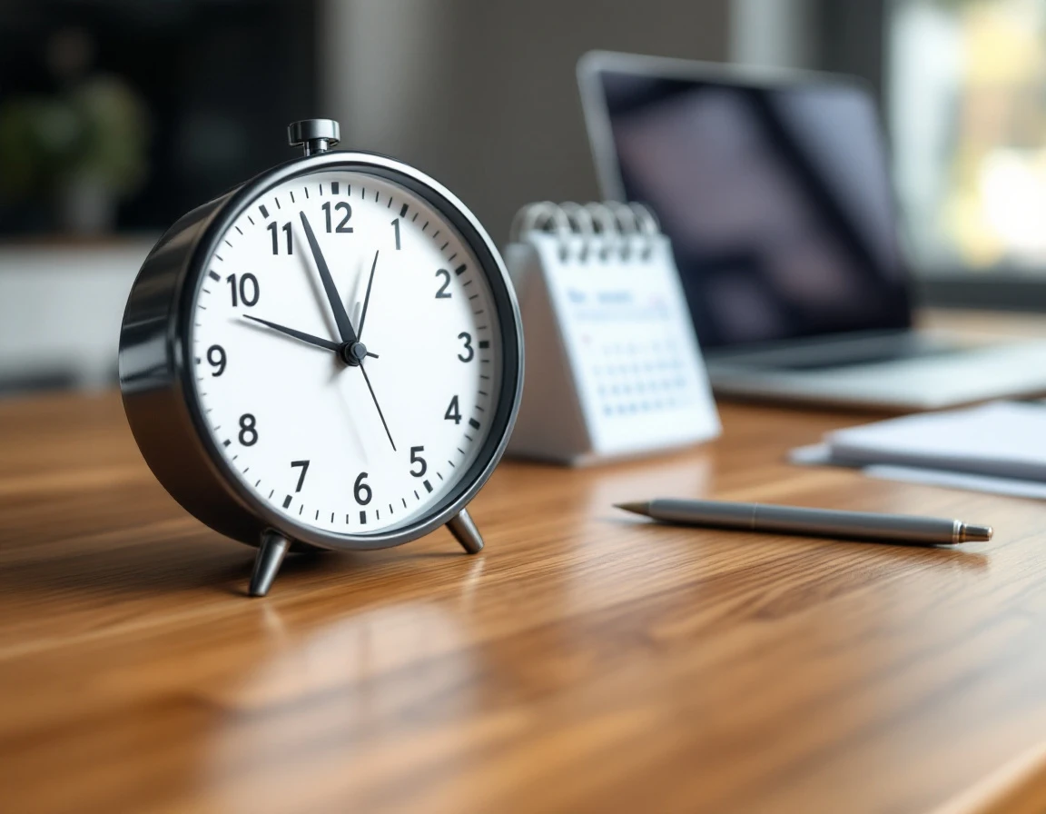 Office desk with clock and calendar showing time management tools for monitoring overtime thresholds