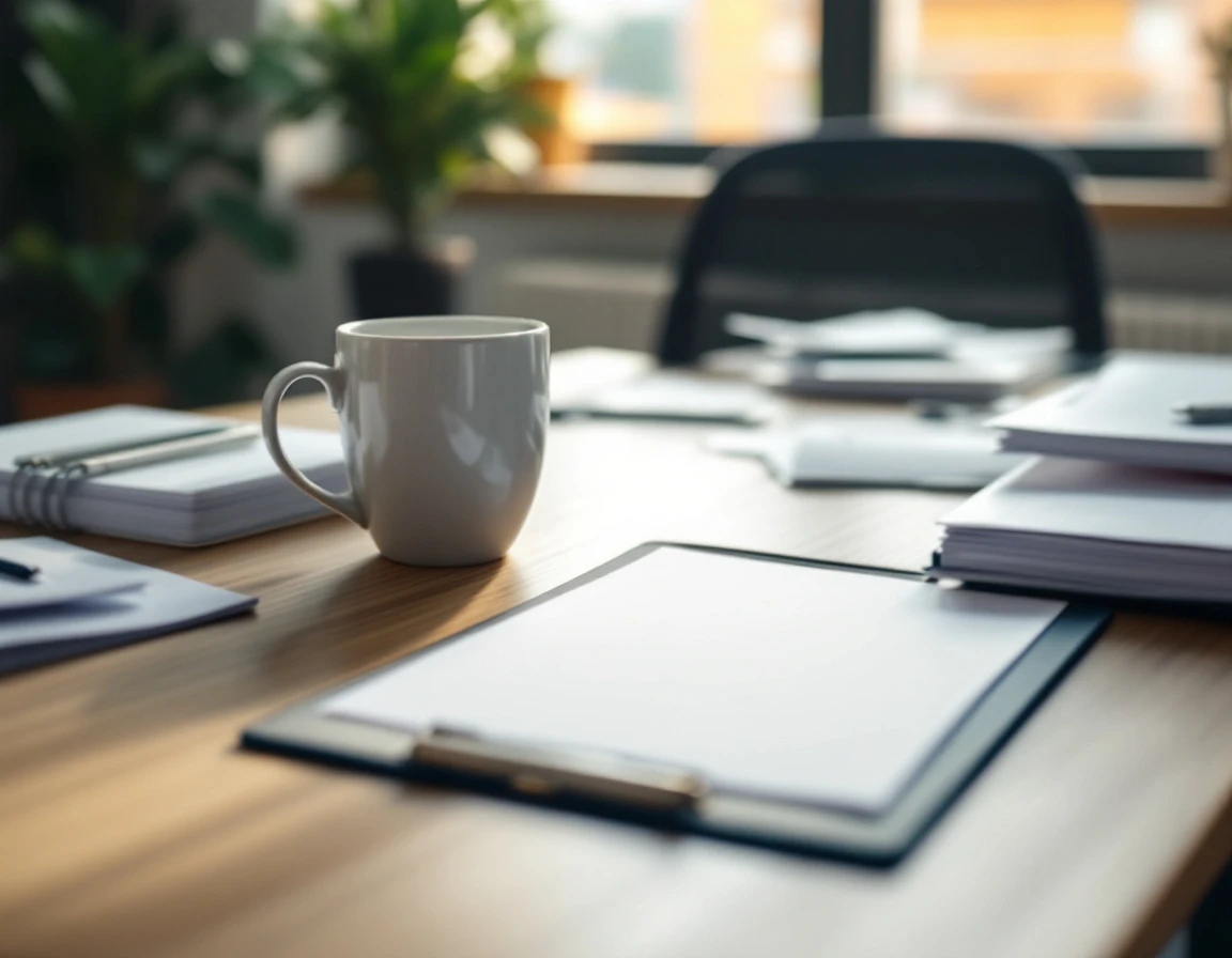 Organized desk with blurred compliance documents, coffee cup, and reference materials in office setting