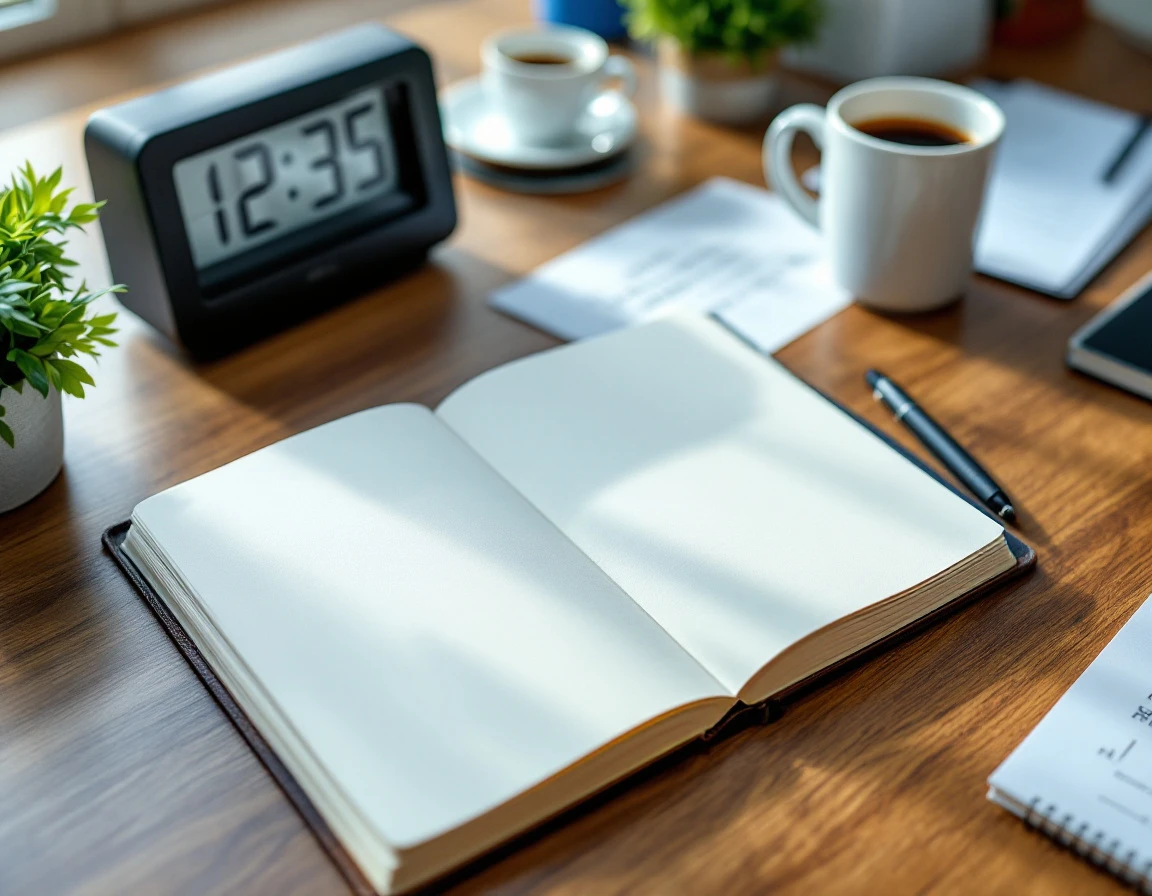 Clean desk workspace with blank journal, clock, coffee mug, and pen for payroll compliance preparation