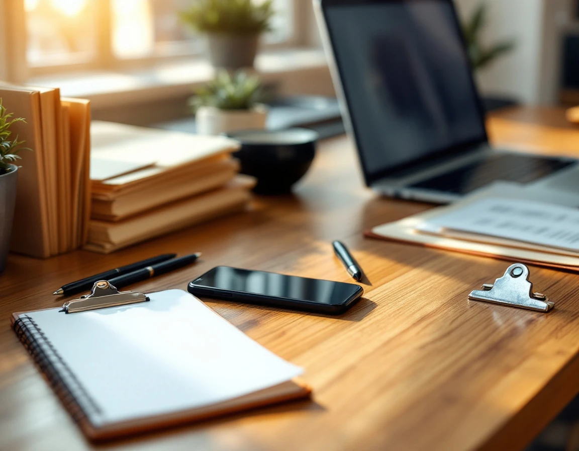 Organized desk workspace with compliance documents, calculator, and office tools for workforce management