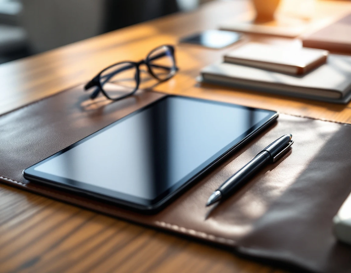 Modern workforce management tools arranged on wooden desk with tablet, pen, and leather pad