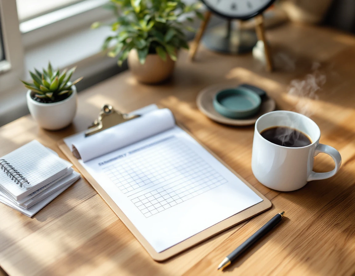 Blank scheduling clipboard on wooden desk with coffee mug, plant, and clock suggesting workforce capacity planning