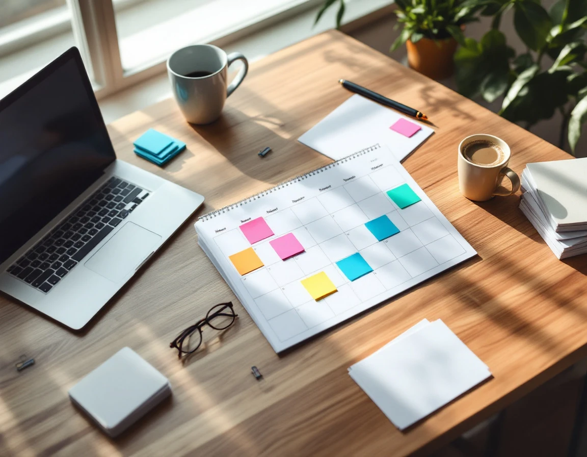 Overhead view of organized desk with blank calendar, sticky notes, and laptop for workforce scheduling planning