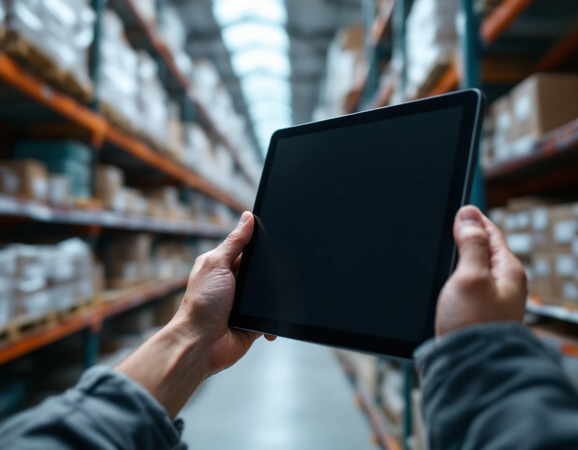 Warehouse worker's hands operating tablet device on industrial shelving in logistics environment