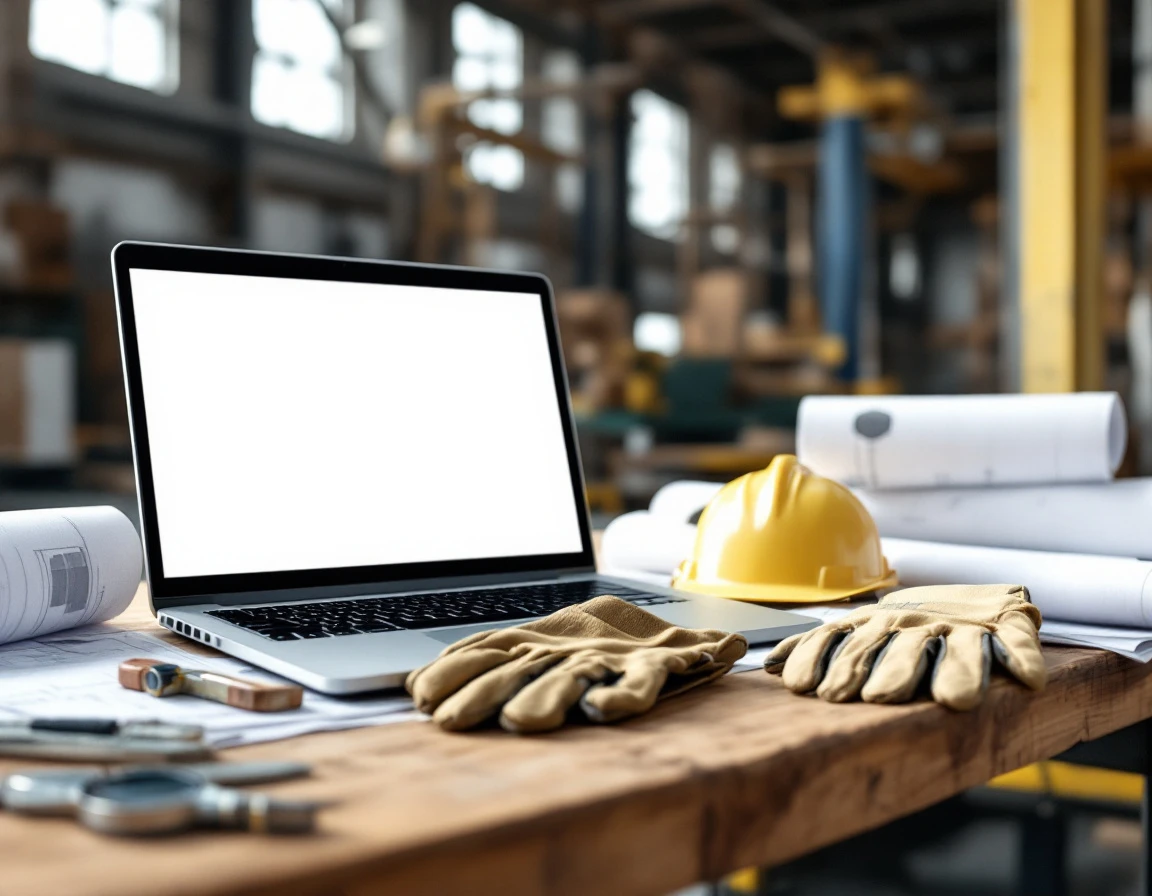 Construction safety equipment and laptop on workbench in manufacturing facility with natural lighting