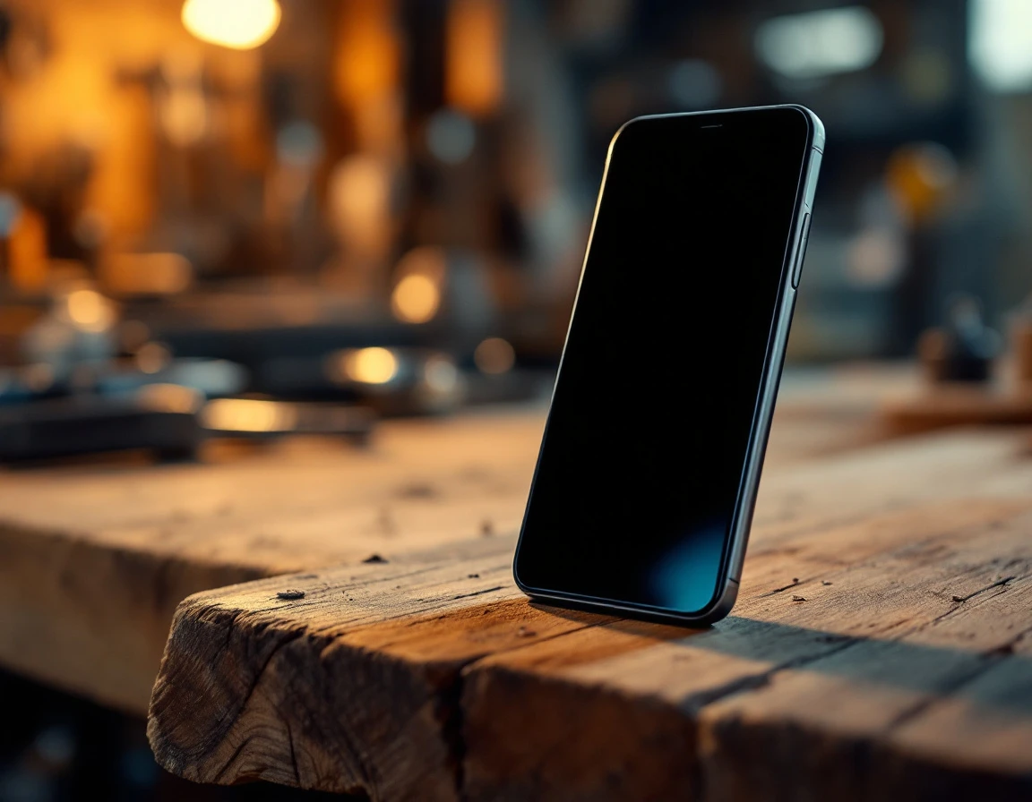 Smartphone on wooden workbench in workshop setting with tools visible in soft-focus background