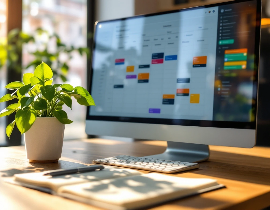Modern office desk with scheduling software display, notebook, and plant in natural afternoon light