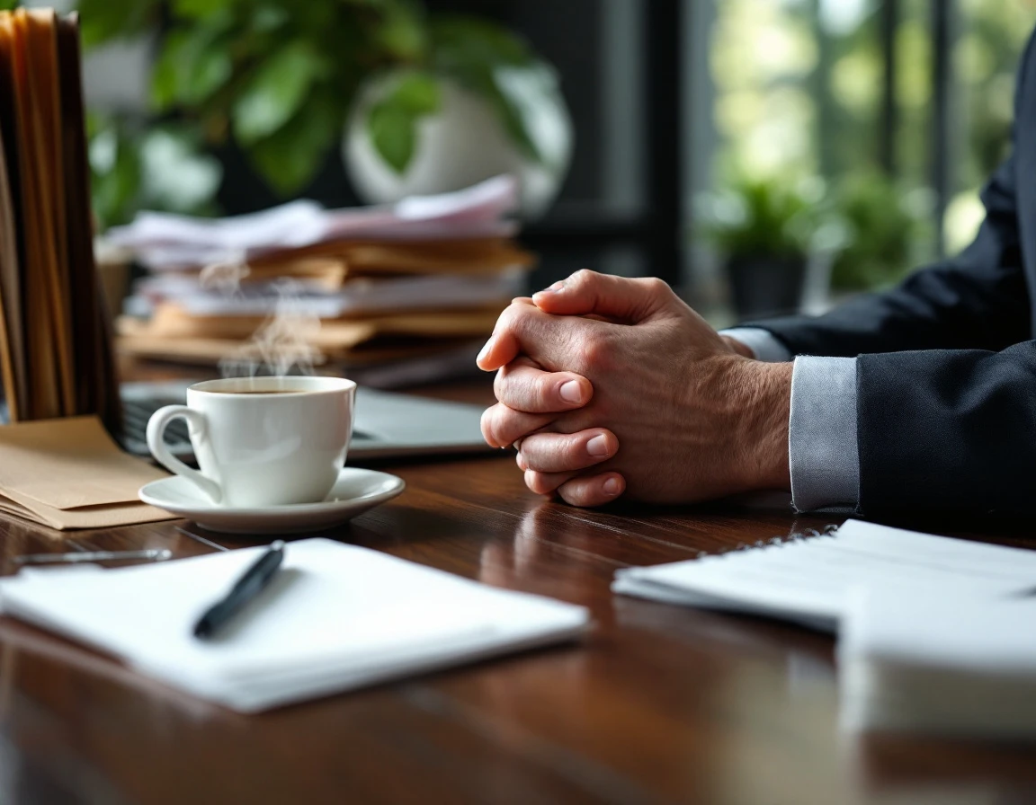 Business professional's hands at desk with coffee and sealed documents during compliance review meeting