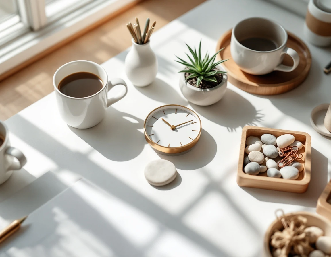 Organized desk workspace with coffee, clock, and office supplies in neutral tones with natural sunlight