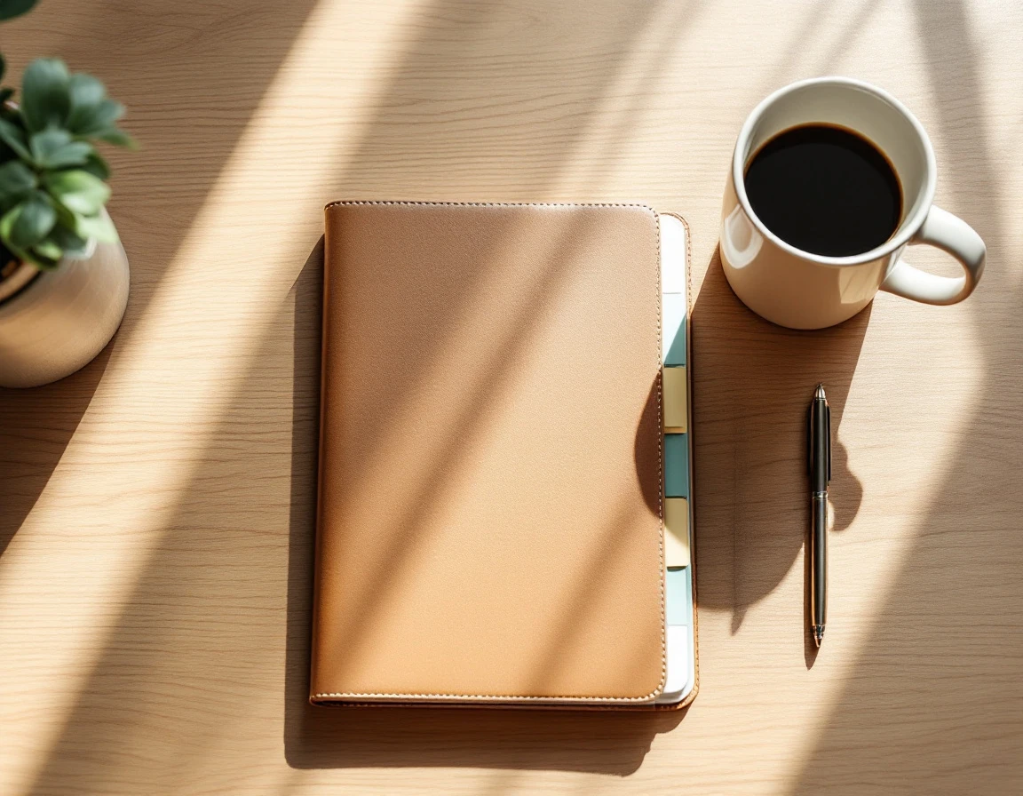 Clean desk workspace with closed planner, coffee mug, and organizational tools for Q4 schedule planning
