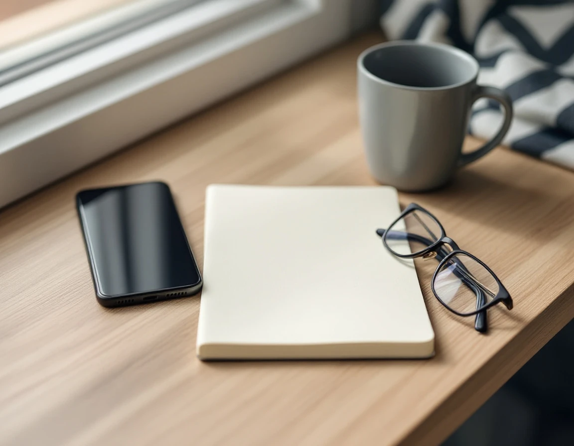 Minimalist workspace with blank notebook, glasses, pen, and coffee on wooden desk with natural window lighting
