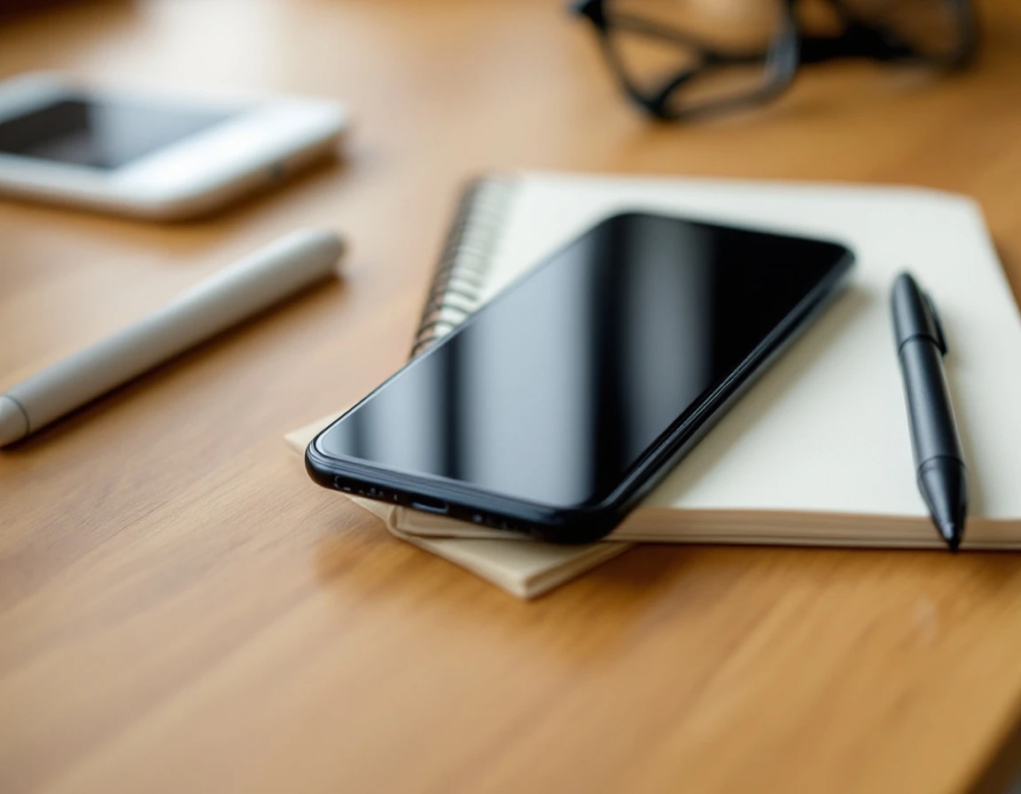 Clean workspace with smartphone, blank notebook, and pen arranged for professional learning