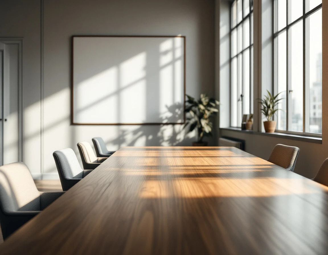 Modern office meeting space with natural lighting, wood table, and whiteboard emphasizing open communication