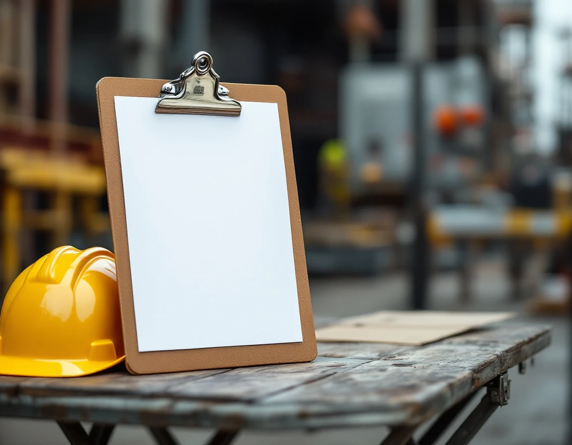 Blank clipboard and safety helmet on industrial worksite table with natural lighting