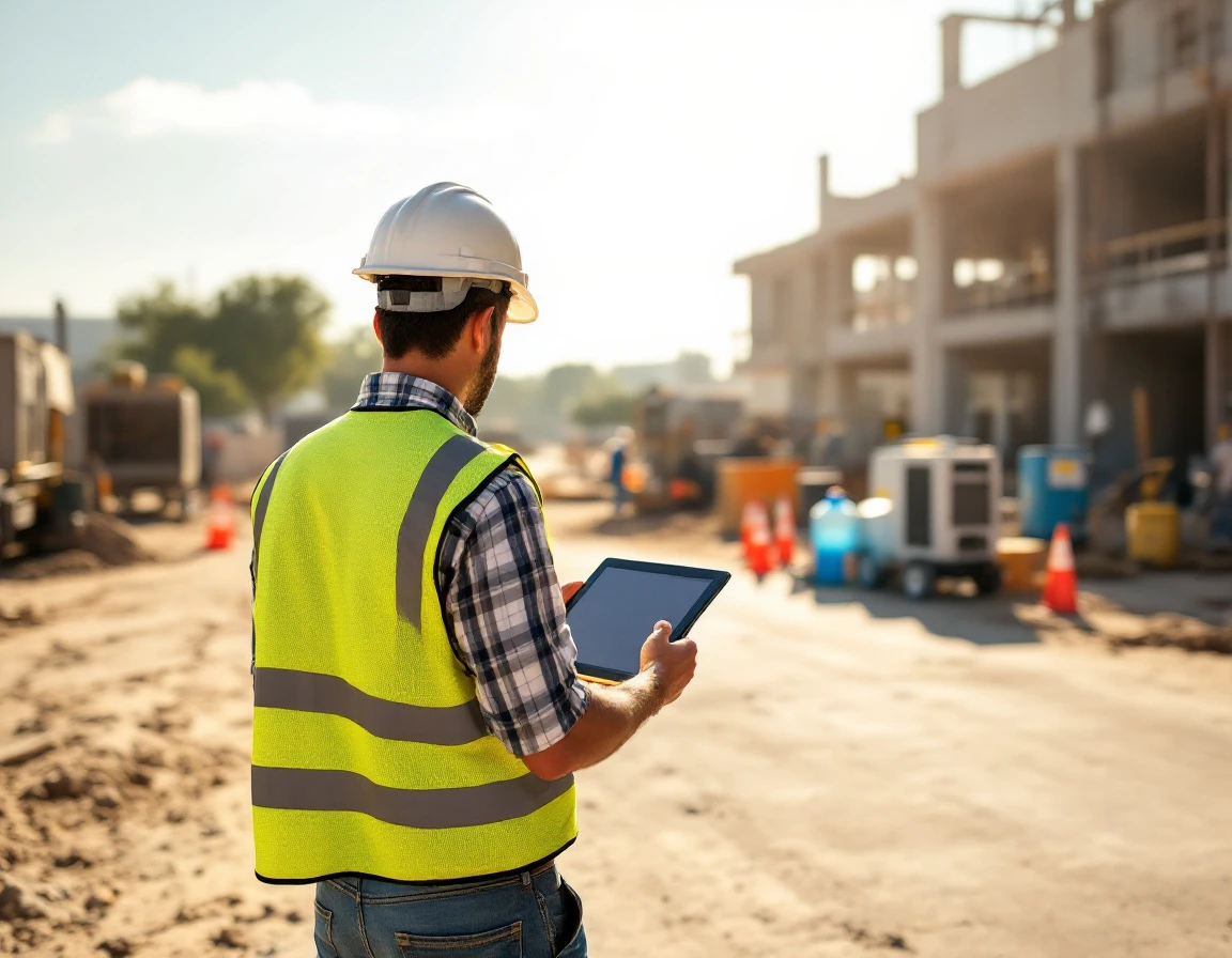 Construction manager reviewing heat safety protocols on job site with cooling stations visible in background