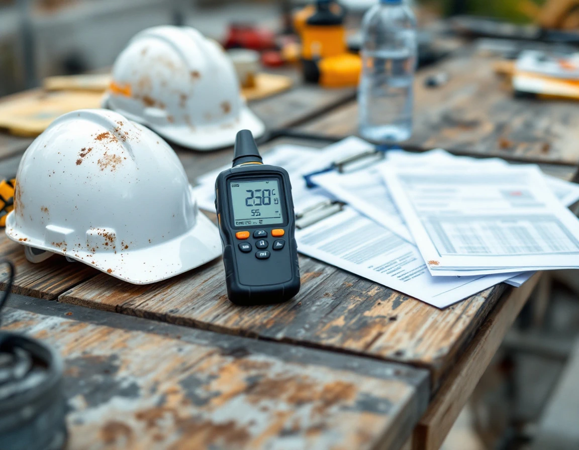 Temperature monitoring device and safety equipment on construction work table during late summer compliance period