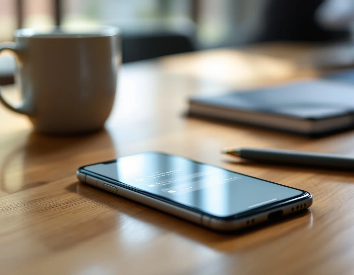 Mobile device on wooden desk showing workforce communication app interface with notification indicators