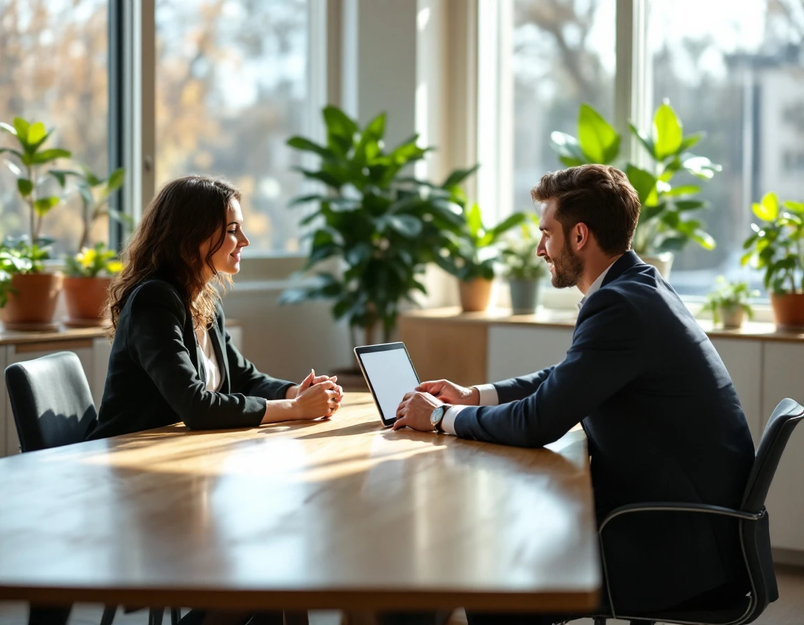 Manager and employee in conversation at bright office table with tablet and plants nearby
