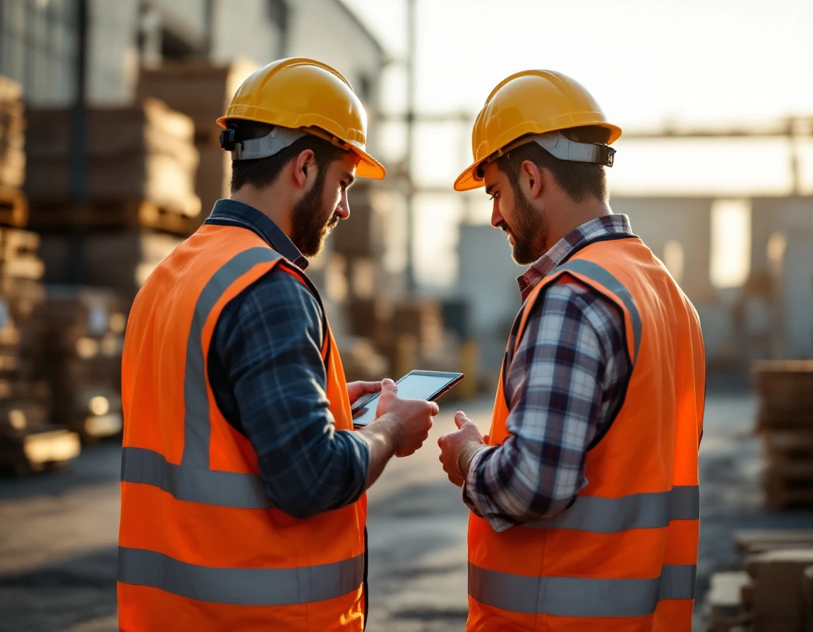 Construction workers reviewing shift schedules on tablet in outdoor industrial yard during golden hour