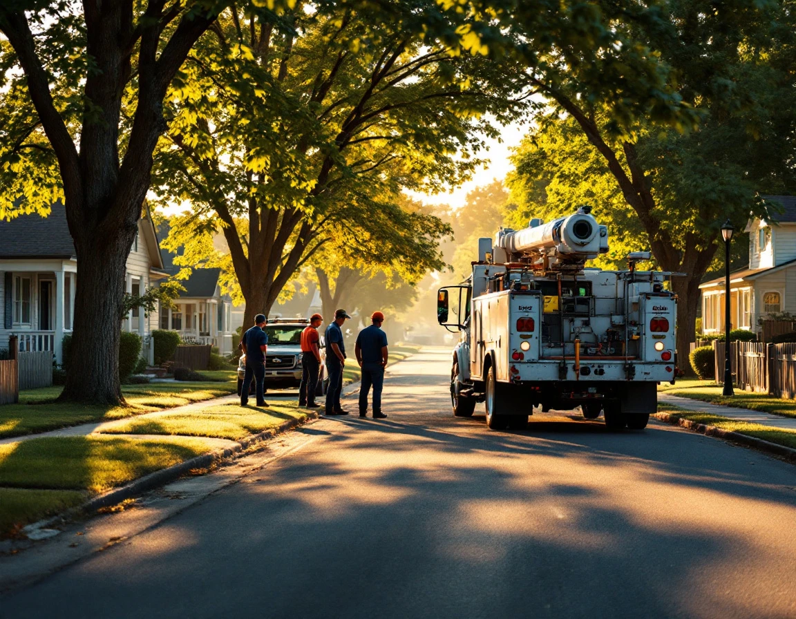 Work crew coordinating at dawn on residential street during cooler morning hours