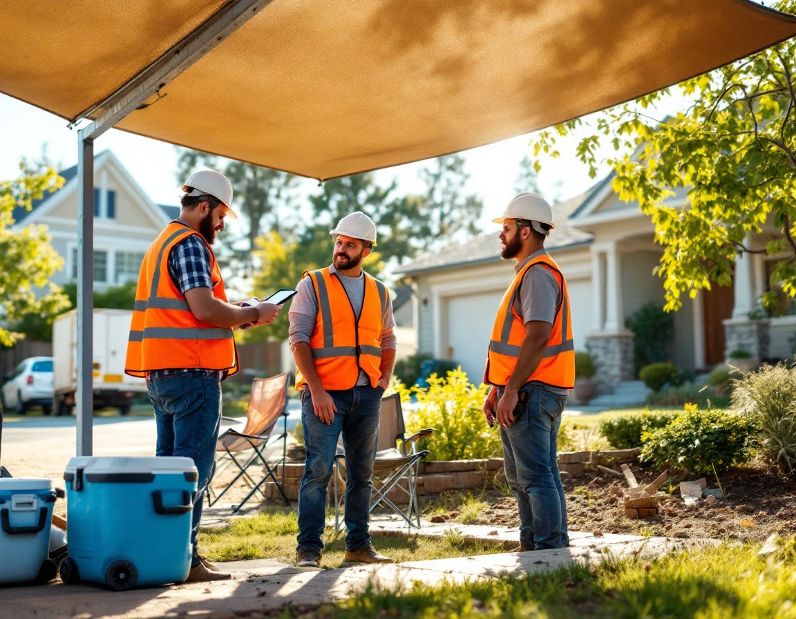 Construction manager consulting tablet with workers in shaded break area during hot weather workday