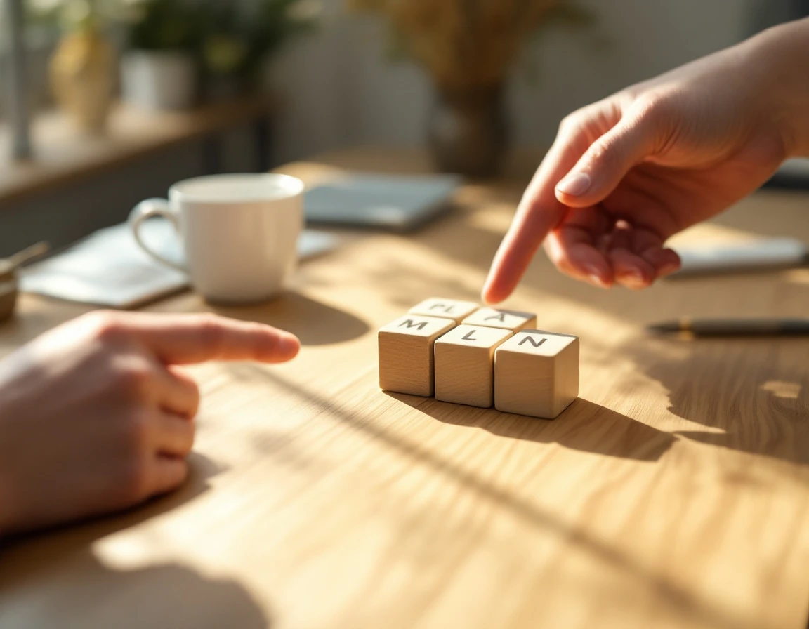 Clean desk workspace with wooden planning blocks and hands gesturing during scheduling discussion