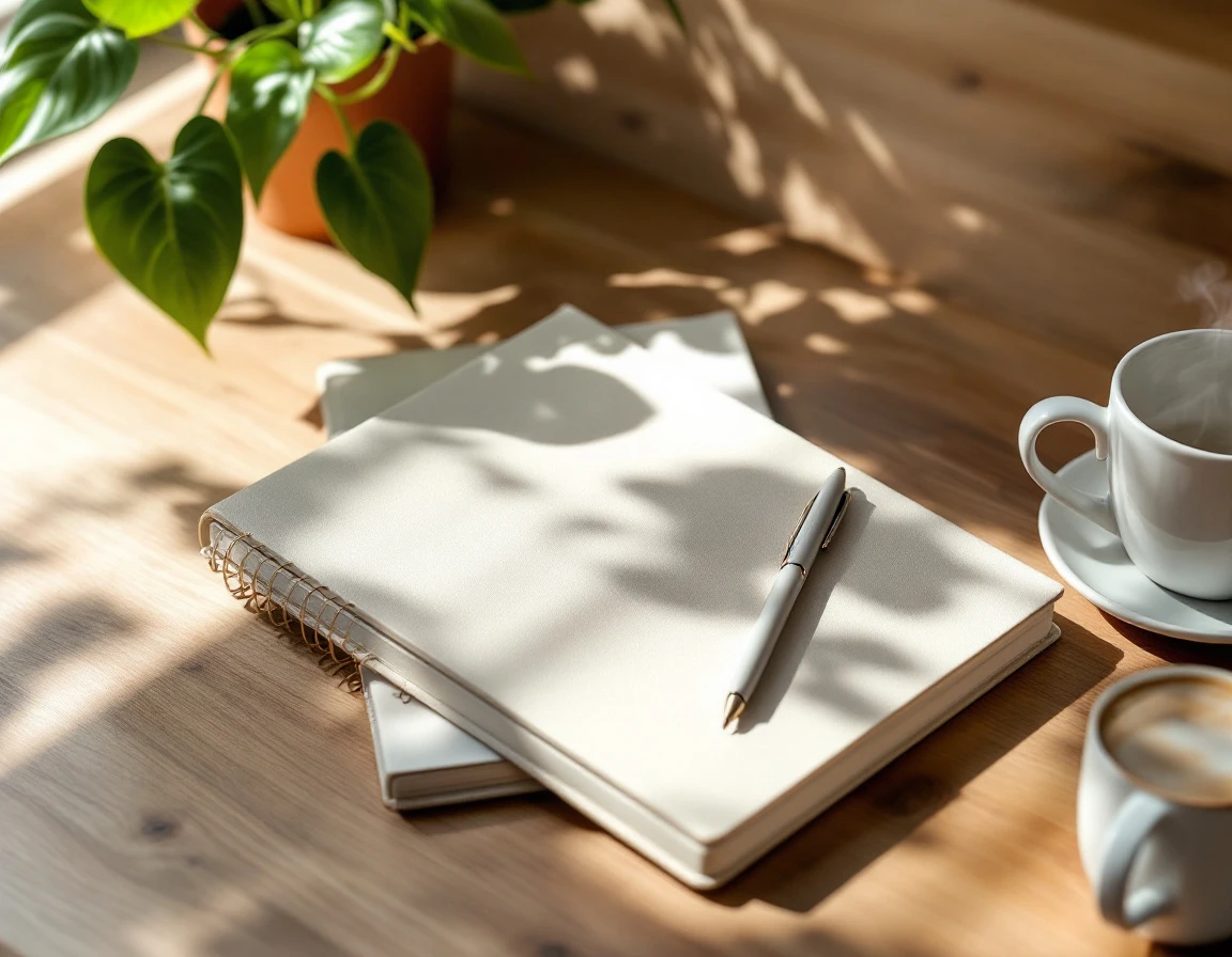 Wooden desk with open notebook, pen, and coffee mug representing scheduling and time management planning
