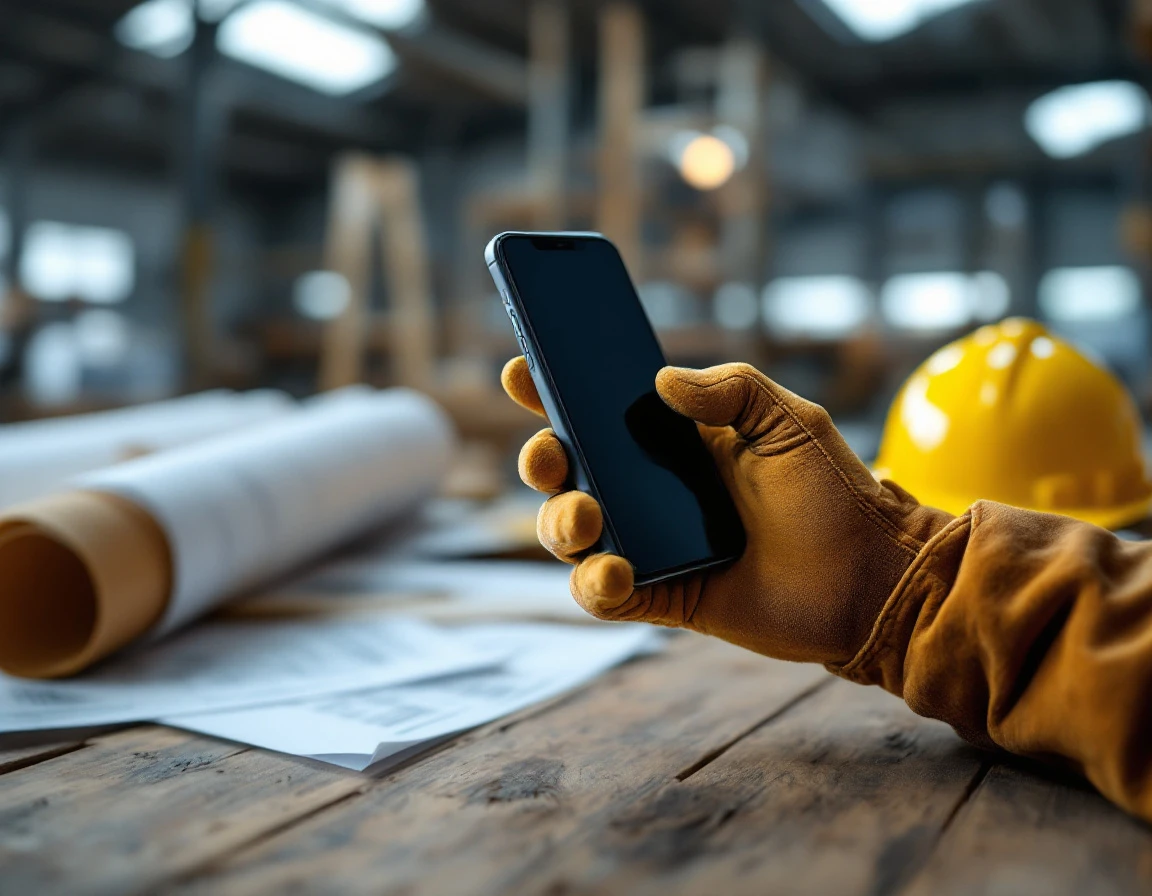 Construction worker's gloved hand holding smartphone with blueprints and safety equipment in warehouse setting