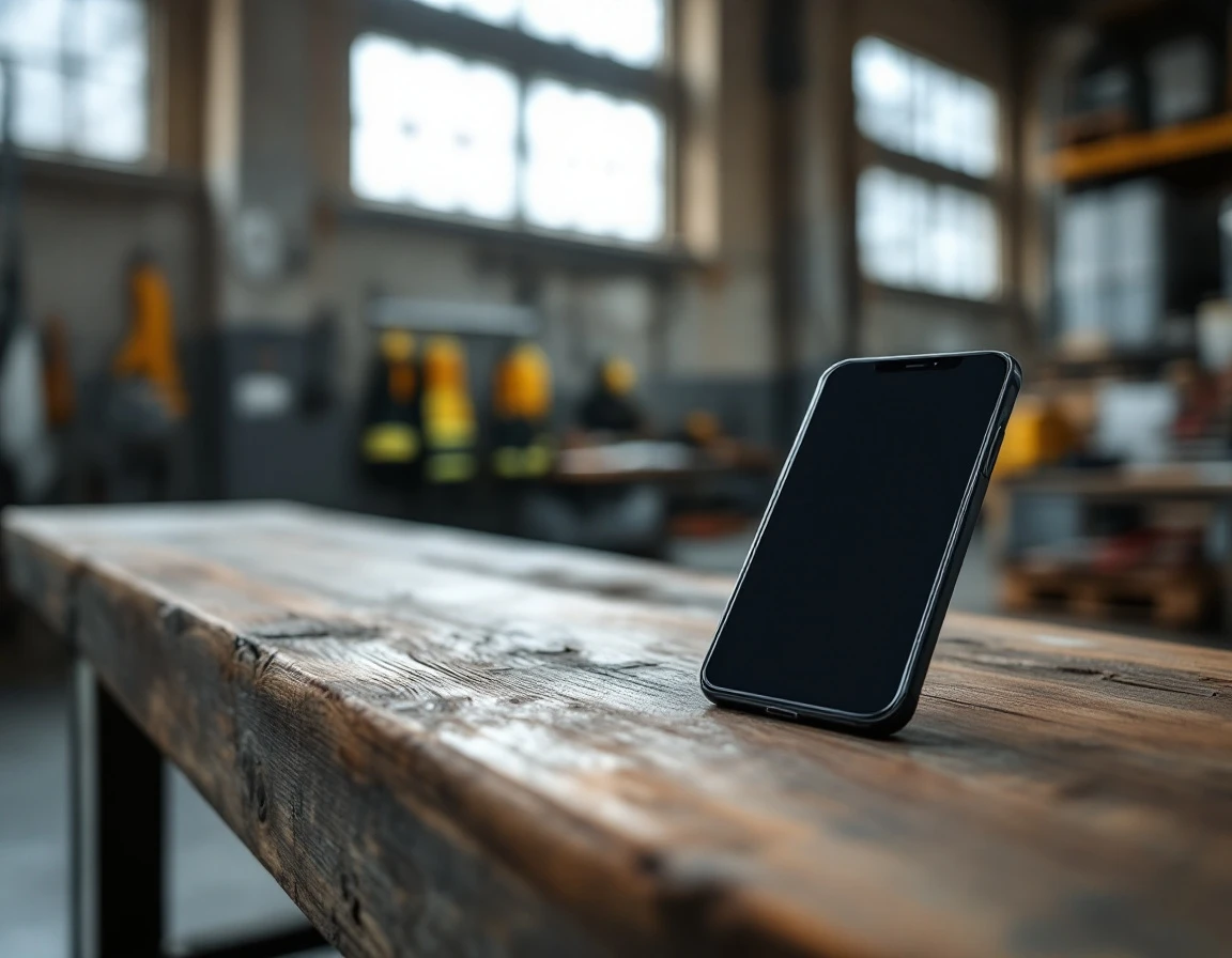 Smartphone on warehouse workbench representing mobile training setup for frontline employee behavioral tracking