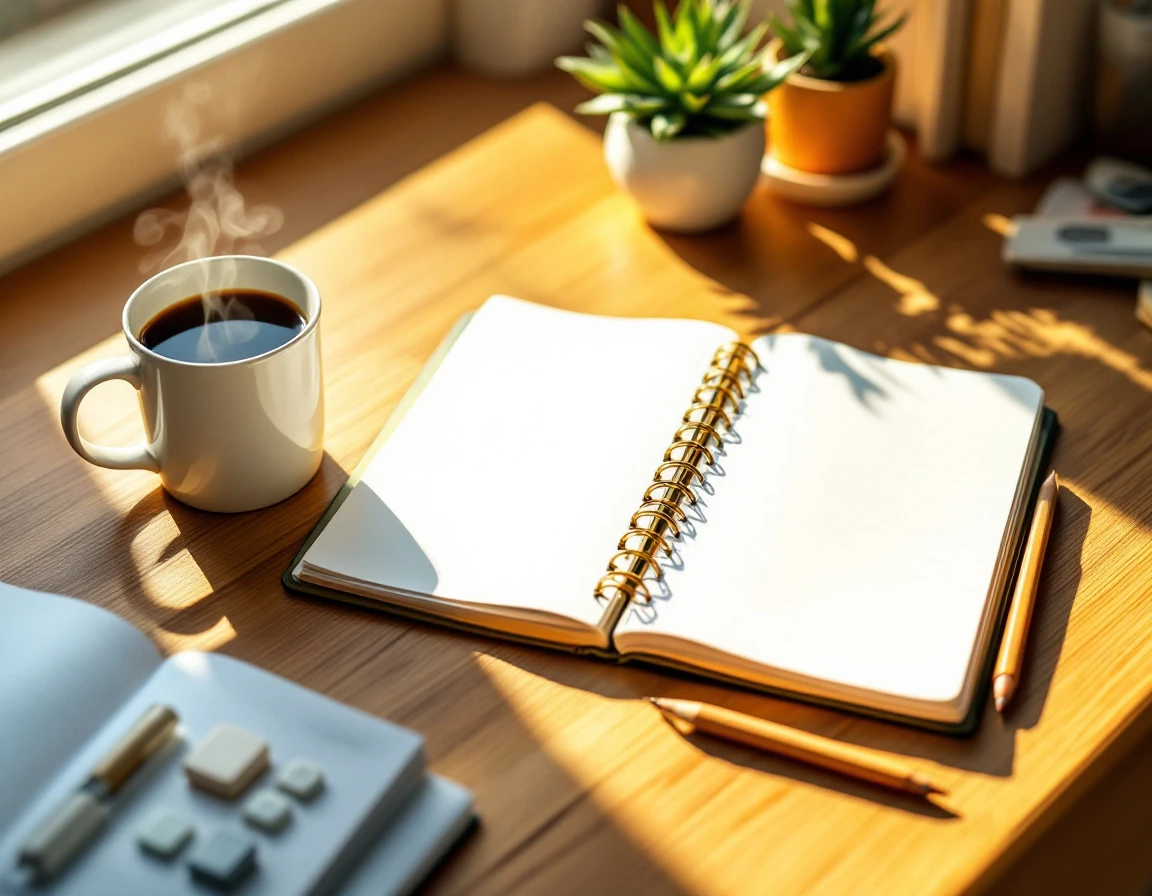 Wooden desk with blank planner, coffee mug, and pencil in natural morning sunlight for schedule planning