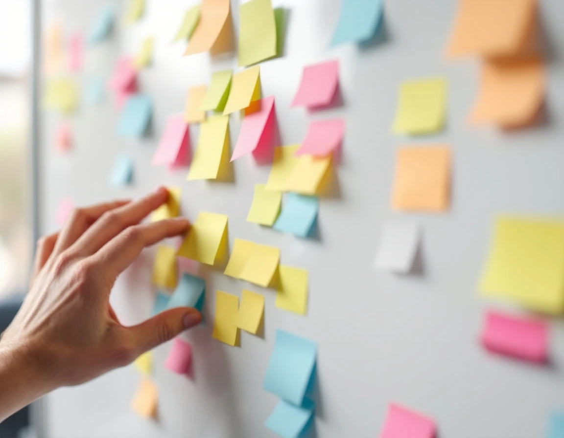 Whiteboard with colorful sticky notes in scattered arrangement showing schedule reorganization