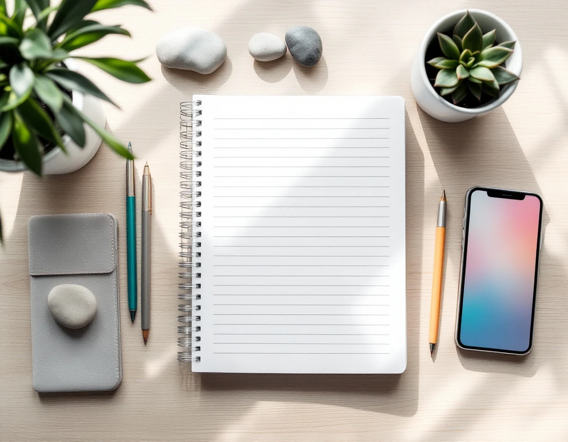 Organized desk with closed notebook, smartphone, succulent plant, and scheduling tools arranged in bright natural light