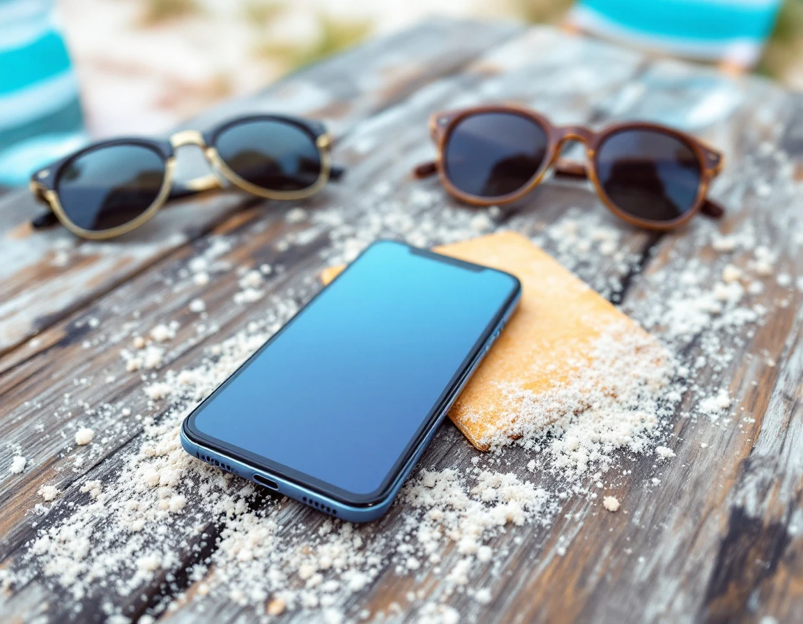 Smartphone on outdoor table with messaging notifications during summer vacation setting