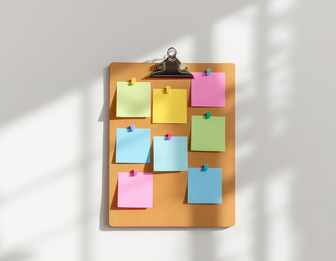 Organized wooden board with blank colorful sticky notes held by clips against office wall with natural lighting