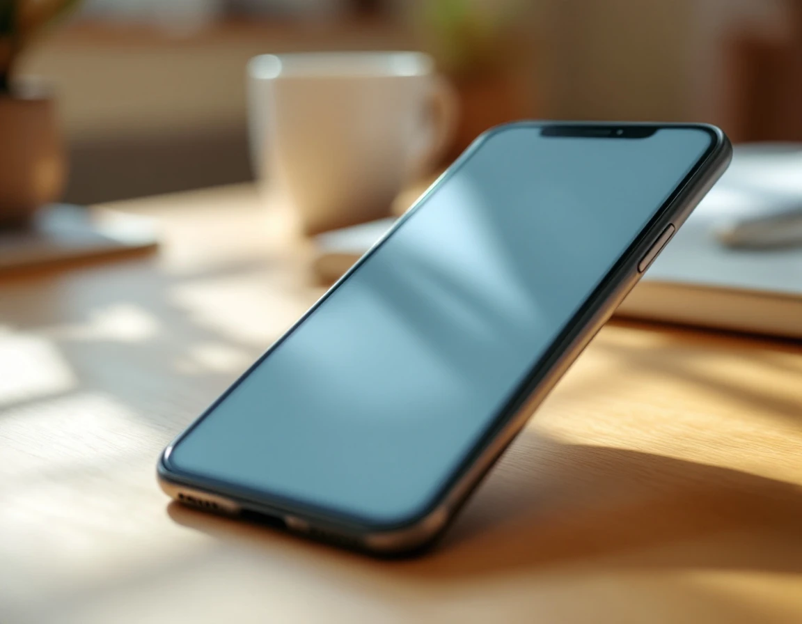 Smartphone on office desk with soft morning light highlighting mobile communication tools