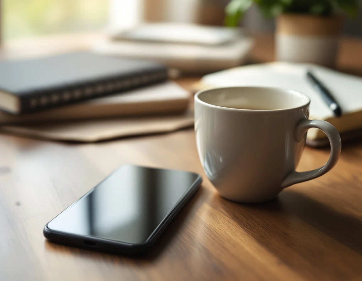 Smartphone on wooden desk with coffee mug in natural morning light