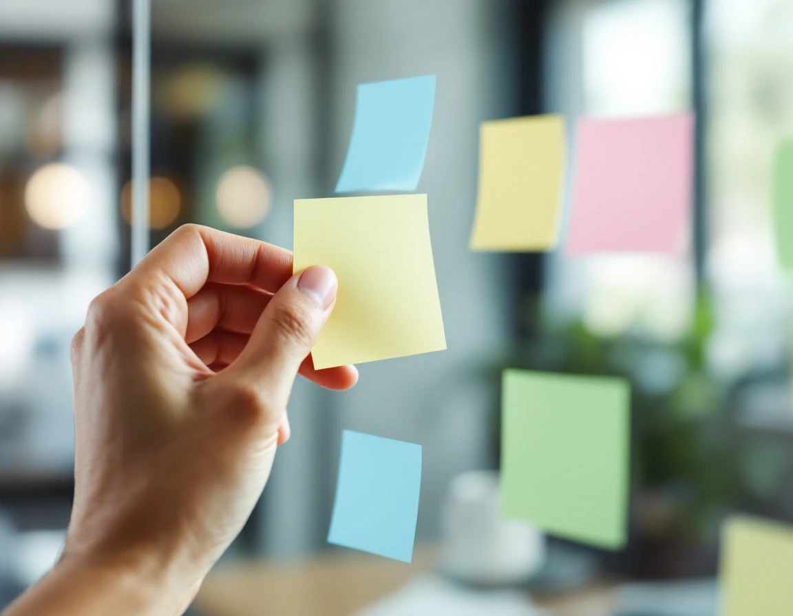 Hand placing sticky note on glass board during workforce availability mapping session