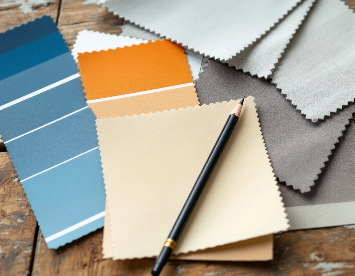 Color-coded material swatches arranged on desk representing different scheduling phases and worker categories