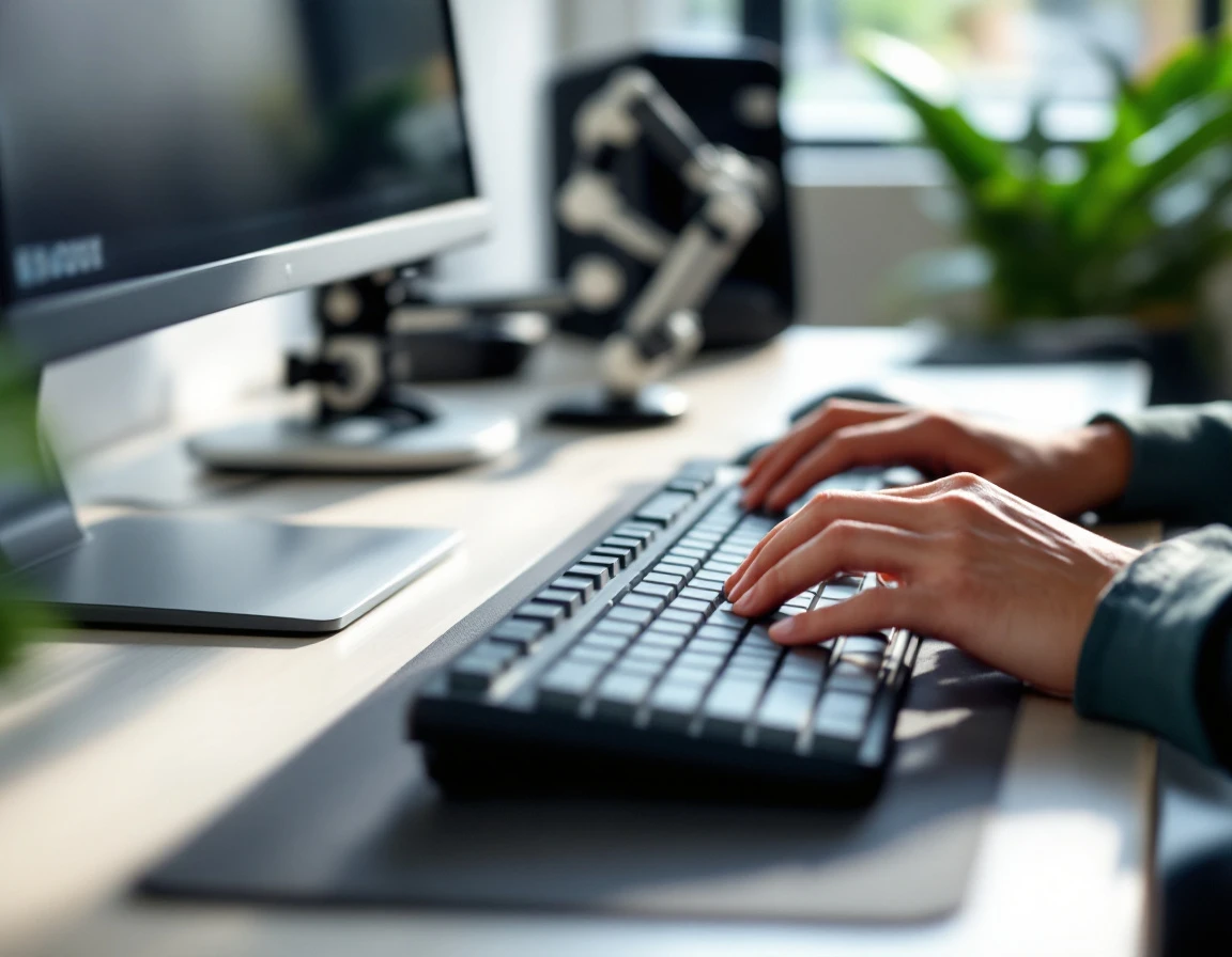Ergonomic keyboard and adaptive workplace technology on office desk with natural lighting