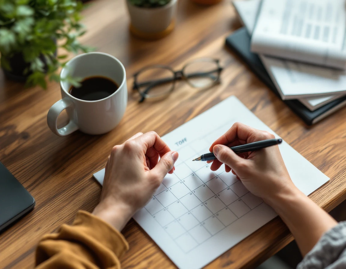 Overhead view of hands planning time-off schedule on wooden desk with blank notepad and blurred calendar