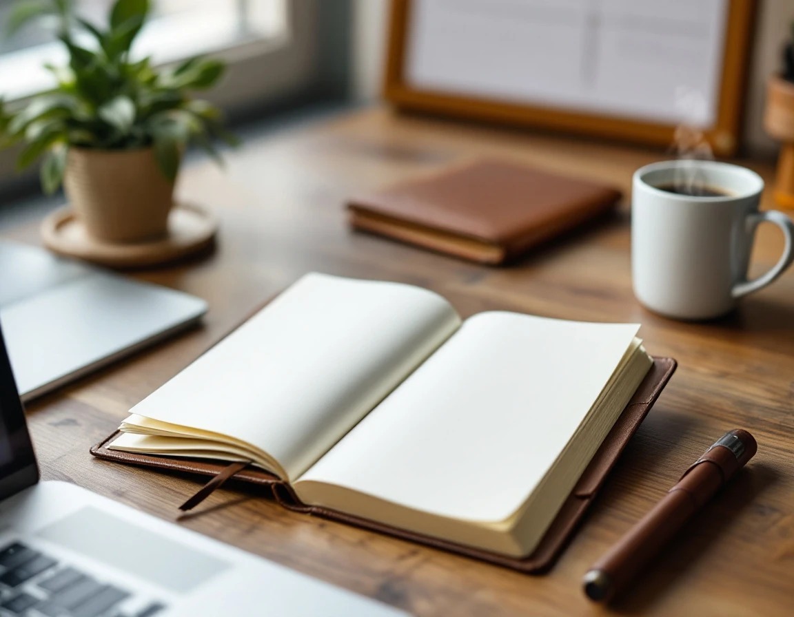 Overhead view of organized desk workspace with coffee, journal, laptop, and blurred planner in background